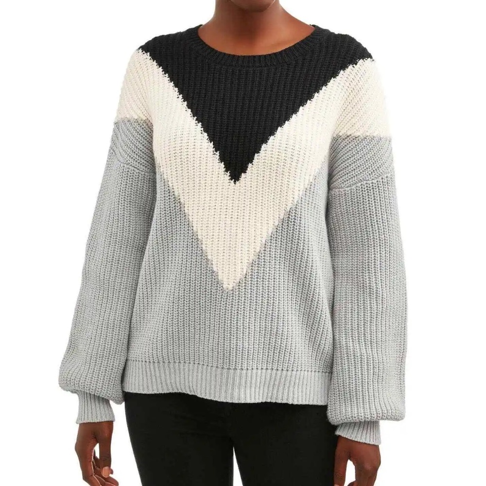 Time and Tru Chevron Shaker Pullover Sweater Soft Silver Black Soot Size Small